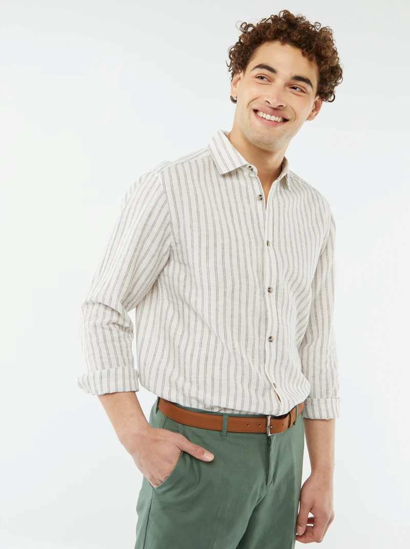 beige striped linen blend man shirt